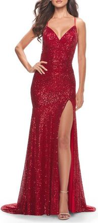 La Femme Long Sequin Gown with Dramatic Flare Skirt and Slit in Red at Nordstrom, Size 00