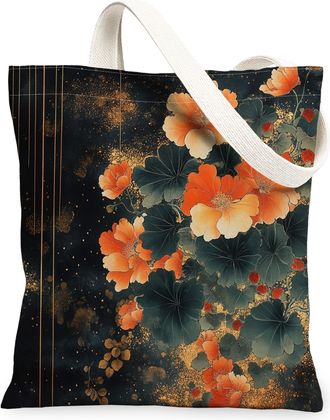 Generic Spring Japanese Geranium Canvas Tote Bag for Shopping 13x15, Asia Chinese Japan Flower Reusable Grocery Print Bag for Women Men, Cool Floral Aesthetic