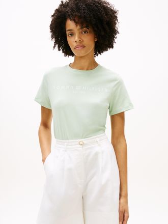 Tommy Hilfiger Kurzarmshirt TOMMY HILFIGER REG CORP LOGO C-NK SS, Damen, Gr. L (42/44), gentle jade, Jersey, Obermaterial: 100% Baumwolle, unifarben, normal h&uuml;ftlang