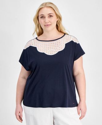 Tommy Hilfiger Top Womens Navy Blue Cotton Lace-Bib Extended Sleeve FTS1541