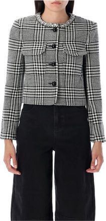 Self Portrait Jassen, Dames, Veelkleurig, XS, Houndstooth Crystal Trim Jacket Zwart Wit
