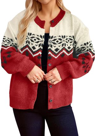 Generic Womens Retro Christmas Snowflake Jumper Contrast Colour Knit Cardigan with Round Neck Vintage Single-Breasted Winter Knitwear for Cosy UK Festivities 