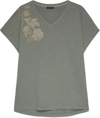 Fiorella Rubino Katoenen T-shirt met Bloemapplicatie - Dames - T-shirts - Groen - XL - Katoen - Tops