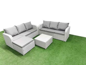 Fimous Outdoor Garden Furniture Sets 7 Seater Wicker Rattan Furniture Sofa Sets w/ Square Coffee Table high Back Lounge Sofa Big Footstool Light Grey