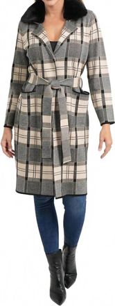 Love Token Plaid Long Belted Cardigan Coat In Beige/multi