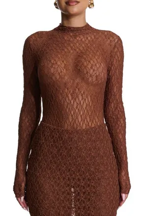 Naked Wardrobe Mock Neck Long Sleeve Lace Bodysuit in Brown Sugar at Nordstrom, Size Medium