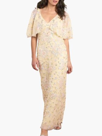 Needle & Thread Peony Bouquet Sequin V-Neck Cape Gown in Lemon Sorbet/multi at Nordstrom, Size 10