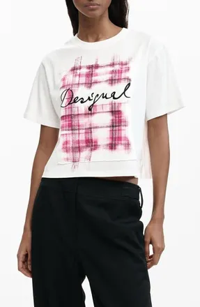 Desigual Plaid Logo Graphic T-Shirt in White at Nordstrom, Size Small