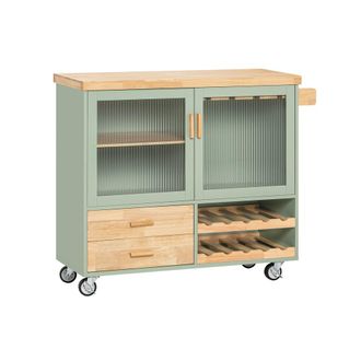 SoBuy Carrito Auxiliar De Cocina Con 2 Cajones Y 2 Puertas Carro Multiusos De Servicio Comedor Con Ruedas, 1 Toallero Y Soporte Para Botella Verde 109 X 40x