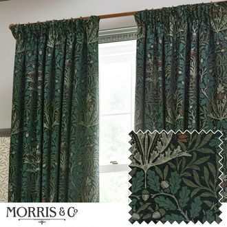 Morris & Co. Acorn Multi Floral Jacquard Room Darkening Pencil Pleat Curtains in Green | Size: 229 cm width x 229 cm drop
