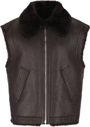 Fendi Leren gilet met logo en bontkraag - Bruin
