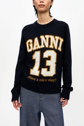 Ganni Navy Blue Graphic Wool Jumper