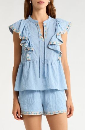 Sugarlips Marcy Floral Ruffle Trim Split Neck Top in Lt-Blue at Nordstrom, Size X-Large