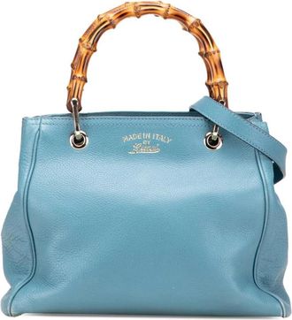 Gucci Pre-owned Handbags, female, Blue, Size: ONE SIZE Pre-owned Leather Satchel with Bamboo Handle and Shoulder Strap