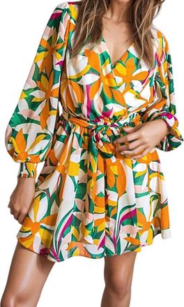 Flying Tomato Sandra Surplice Long Sleeve Chiffon Mini Dress In Orange