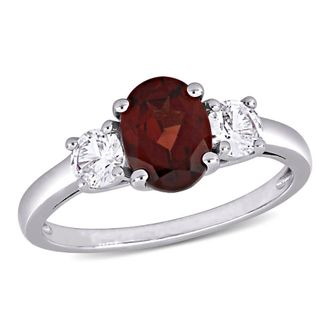 Amour Oval Cut Garnet and Created White Sapphire 3-sTone Ring In Sterling Silver