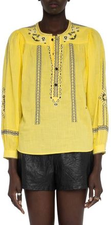 Zadig&Voltaire Tigy Long Sleeve Embroidered Cotton Top in Banana at Nordstrom, Size X-Small