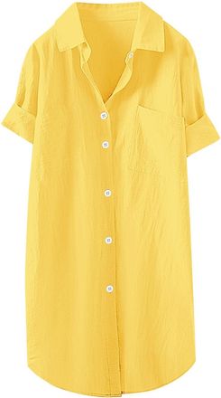 Generic Womens Casual A Line Dresses Flowy Beach Ruched Womens Daily Casual V Neck Shirts Dress Short Sleeve Collared Blouses Loose Fit Shirt Dress Womens Lon