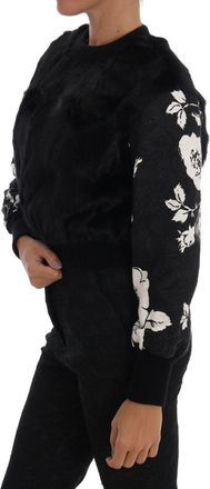 Dolce & Gabbana Womens Black Fur Floral Brocade Zipper Sweater Goat Clothing