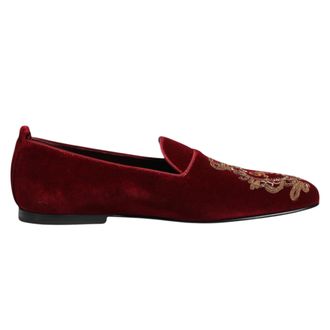 Dolce & Gabbana Mens Velvet Embroidered Loafers - Dark Red Textile - Size UK 8