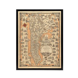Artery8 Chase 1939 Pictorial Map Manhattan & Bronx Framed Canvas Wall Art Print | Size: W24 x H32