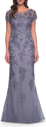 La Femme Lace and Net Fitted Long Mother of the Bride Dress in Dusty Purple at Nordstrom, Size 10