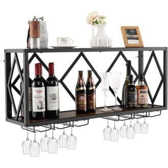 Costway Costway - Soporte De Pared Para Botellas De Vino, Estanter&iacute;a De Vino Industrial Con Portabotellas Para 39 Botellas Y 12 Copas, Estante De Almacenamien