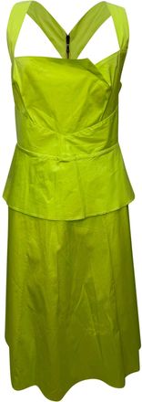 Roland Mouret Square Neck Midi Dress in Neon Green Cotton