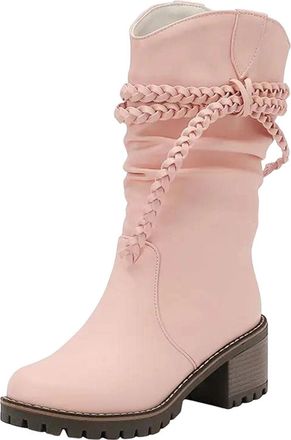 Generic Womens Pull On Mid Calf Boots Round Toe High Chunky Heel Slip On Design With A Decorative Butterfly-Knot