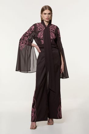 Karen Millen Womens Tall Cutwork Beaded Georgette Tie Neck Woven Blouse With Drama Sleeve - Chocolate viscose - Size 6 UK