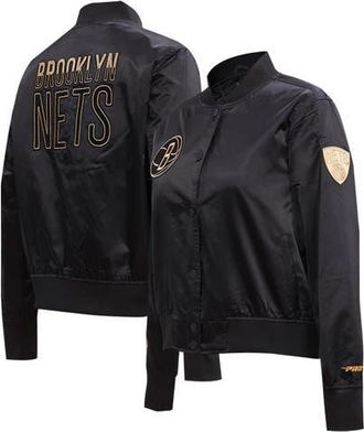 Pro Standard Womens Pro Standard Black Brooklyn Nets Glam Satin Full-Snap Varsity Jacket at Nordstrom, Size Medium