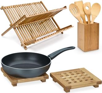 Relaxdays Relaxdays - Juego De Cocina De 3 Piezas, Escurridor De Vajilla, Cuchara De Madera, Esp&aacute;tula, Posavasos, Recipiente Para Mezclar