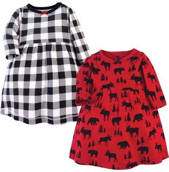Hudson Baby Twin Pack Long-Sleeve Dress Bundle in Red Moose Bear at Nordstrom, Size 12-18M