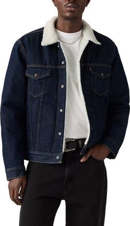 Levi's Type III Fleece Lined Denim Trucker Jacket in Give It A Rinse Sherpa at Nordstrom, Size Medium