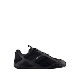 Versace Sneakers, male, Black, Size: 8 US Black Leather Sneakers - Round Toe