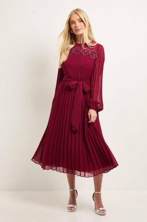 Wallis Womens Petite Pleated Floral Trim Midi Dress - Berry - Size 18 UK