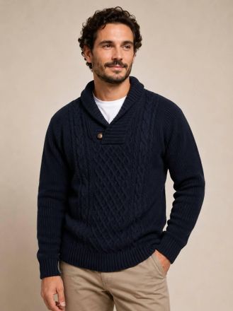 SMF Shawl Collar Pullover Cable Knit Sweater In Navy