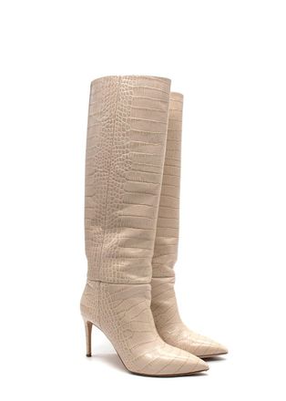 PARIS TEXAS Cream Croc-Embossed Knee High Boots Size 39