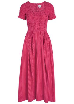 Damson Madder Raphaela Striped Cotton Midi Dress - Red - 16 (UK16 / XL)