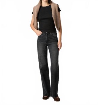 Paige Anessa High Rise Wide Leg Jeans With Raw Hem In Viper Black Distressed