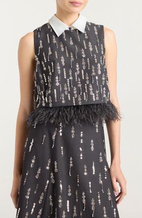 Cinq &agrave; Sept Selene Embellished Feather Top in Charcoal Multi at Nordstrom, Size X-Small