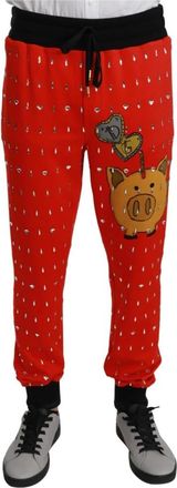 Dolce & Gabbana Chique rode sweatpants met spaarvarkenprint - Heren - Sweatpants - Rood - M - Katoen - Broeken