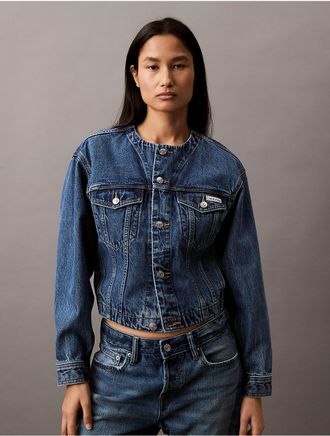 Calvin Klein Jeans Calvin Klein Womens Cropped Collarless Denim Trucker Jacket - Blue - XS