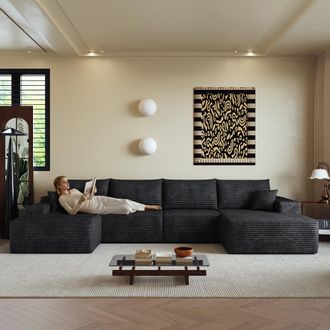 STILVORA Divano Modulare 5 Posti In Velluto A Coste Con Seduta Profonda E Chaise Longue, Senza Montaggio, Nero
