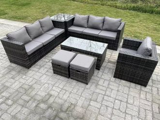 Fimous Outdoor Rattan Garden Furniture Lounge Sofa Set With Oblong Rectagular Coffee Table Arm Chair in Dark Grey
