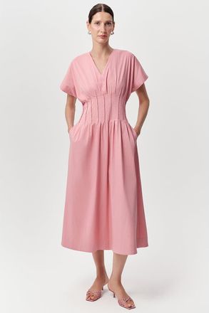 Exquise Amaud Short Sleeve V Neck Midi Dress in Pink at Nordstrom, Size Xx-Large