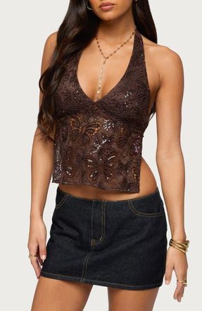 Edikted Butterfly Sequin Open Back Halter Top in Brown at Nordstrom, Size X-Small