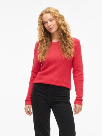 Vila Rundhalspullover VILA VIDALO O-NECK L/S KNIT TOP- NOOS, Damen, Gr. XXL, hibiscus, Feinstrick, Obermaterial: 100% Baumwolle, unifarben, regular fit nor