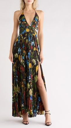 Alice & Olivia Hannah Floral Pleated Halter Maxi Dress in Social Hour Black at Nordstrom Rack, Size 14