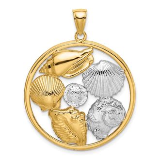 Diamond2Deal 14k Yellow Gold with White Rhodium Shell Cluster in Circle Charm Pendant